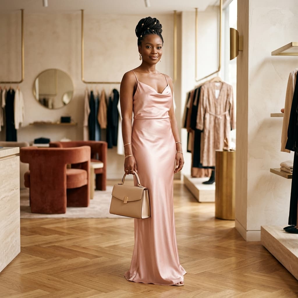 FolaLuxe fashion editorial — woman in blush pink dress with luxury bag